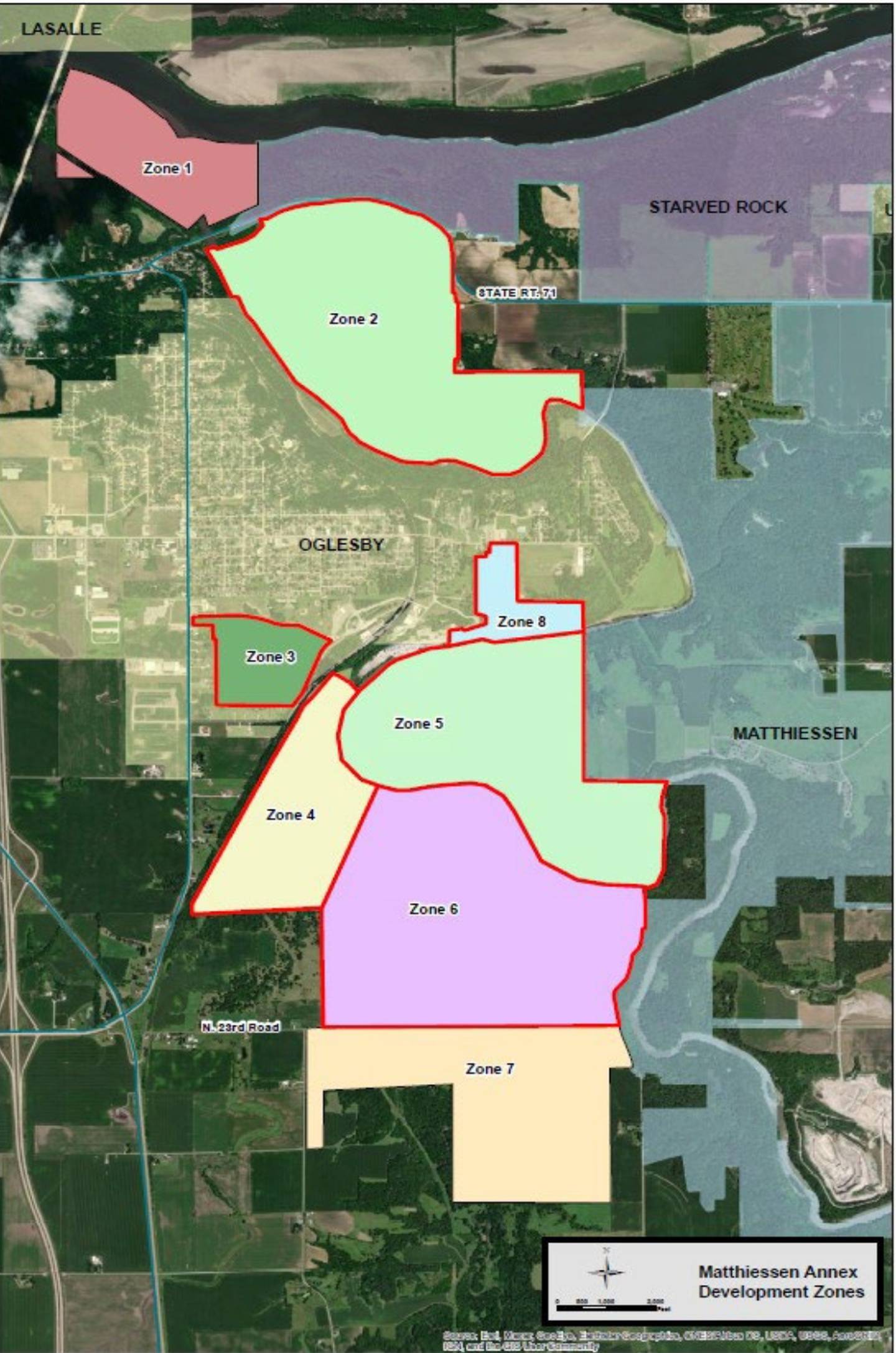 A map of the zones on the Matthiessen Annex area. In October 2018, the Illinois Department of Natural Resources purchased 2,628 acres from Lone Star Industries Inc. near Oglesby, Illinois in rural La Salle County. This formerly mined property is adjacent to Matthiessen State Park and is now referred to as the Matthiessen Annex property. In its reclaimed state, this property will provide recreational opportunities, as well as habitat and public access to the Illinois River and Bailey Creek.