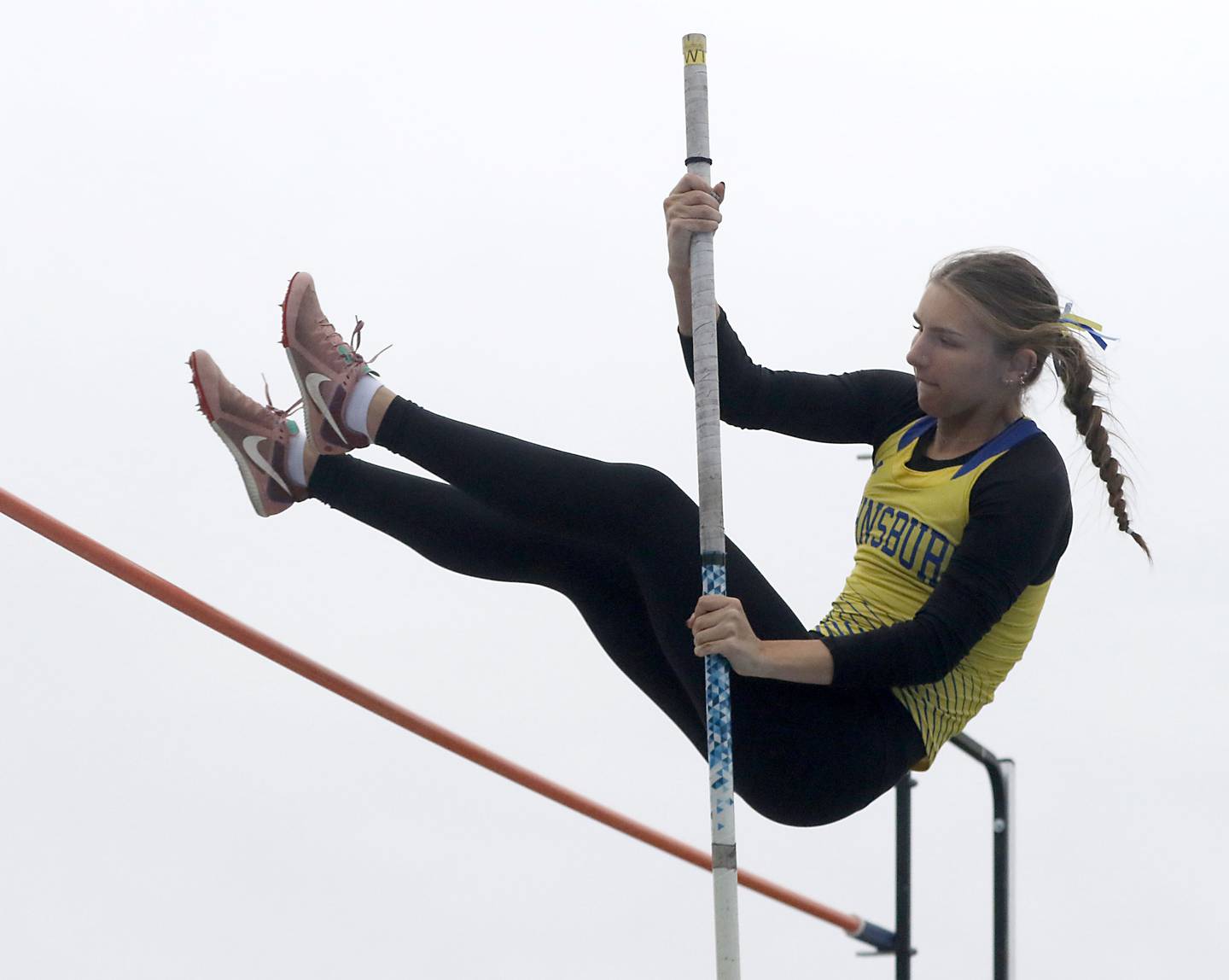 Johnsburg\s Carly Duck competes in the pole vault during the Kishwaukee River Conference Girls Track and Field Meet on Tuesday, May 5, 2025, at Woodstock High School.