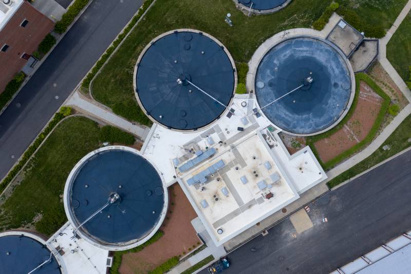 Aerial drone image of Kishwaukee Water Reclamation District, DeKalb Sanitary District water treatment facility plant at 303 Hollister Ave, DeKalb, IL on Thursday, May 13, 2021.