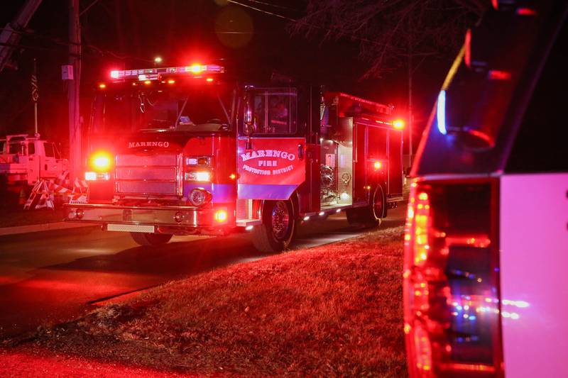 The Marengo Fire & Rescue Districts responds Monday, Dec. 5, 2022, to a fire at a duplex where a pet dog was found dead.