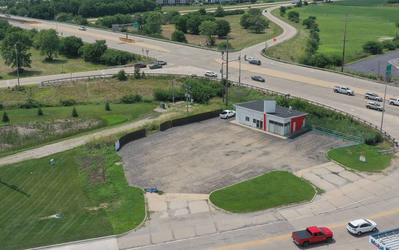 An aerial view of 1350 May Road on Monday, July 28, 2025 in Peru. The property will be publicly auctioned off on-site on Thursday, Aug. 7 at 6p.m. The 1500 square-foot building was a former gas station. Rediger Auction Service is holding the auction.