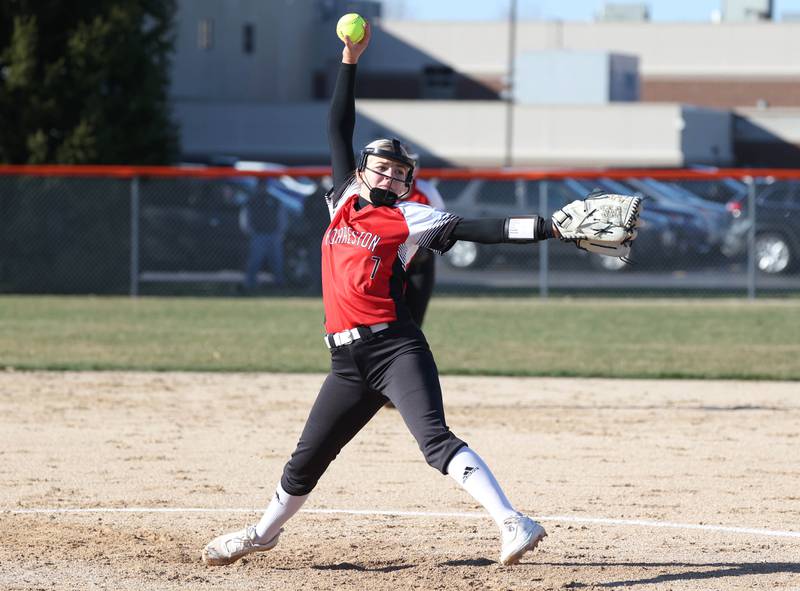 Forreston’s Isabella Thiel delivers a pitch during their game against Genoa-Kingston Friday, March 15, 2024, at Genoa-Kingston High School.