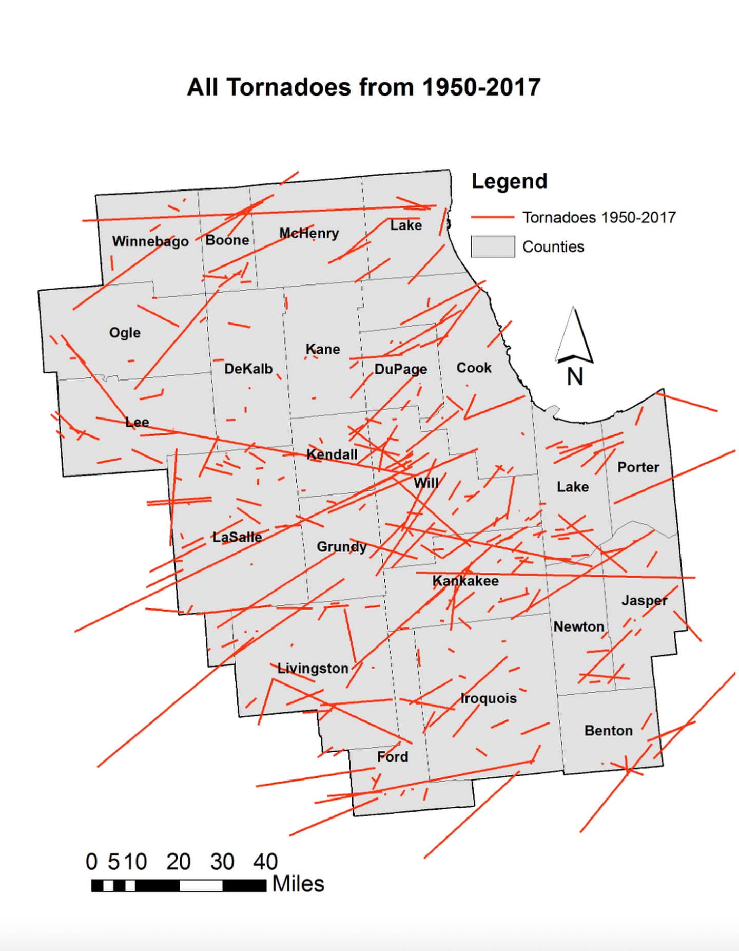 A screen shot of a National Weather Service map showing the track of tornados across northeastern Illinois from 1950 to 2017.