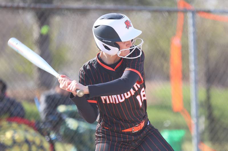 Minooka’s Olivia Boyd drives in a run against Joliet Catholic on Tuesday, April 7, 2026 in Minooka.