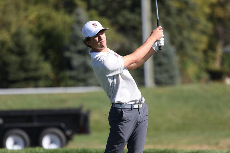 Wheaton Academy’s Owen Coniaris tees off the 15th hole in the Class 2A Lemont Boys Golf Sectional on Monday, Oct. 7, 2024 at Wedgewood Golf Course in Lemont.