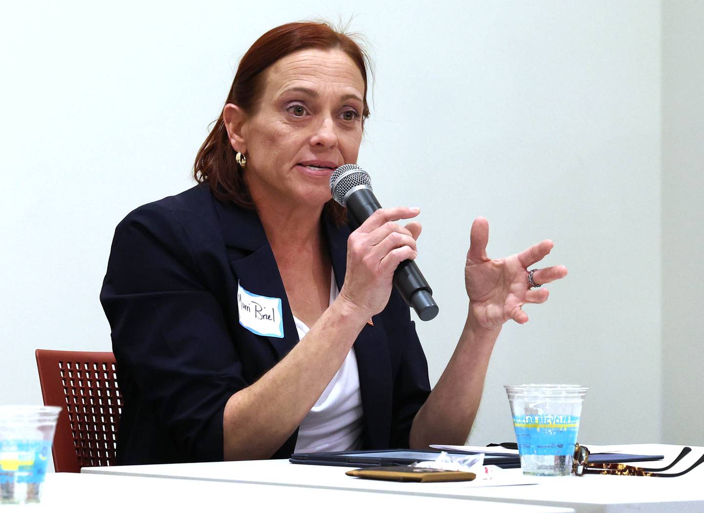 Democratic candidate Amy Murri Briel, who is vying for the nomination for the 76th district seat in the Illinois House of Representatives, answers a question Saturday, Feb. 3, 2024, in a meet the candidates forum at the DeKalb Public Library. Democratic candidates Cohen Barnes and Carolyn Zasada also spoke at the event organized by DeKalb Stands and co-sponsored by the DeKalb County Democrats.