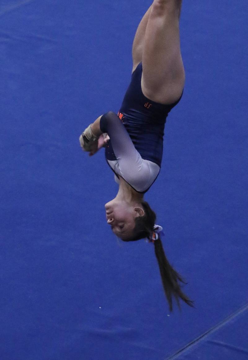 Oswego's Gabby Schulte competes in the preliminary round of the floor exercise on Friday, Feb. 21, 2025, during the IHSA Girls State Final Gymnastics Meet at Palatine High School.