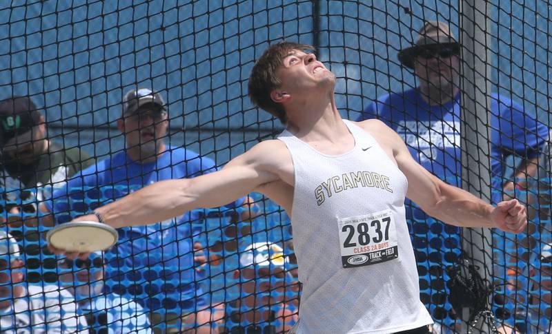 Sycamore's Dylan Weides competes in discus during the IHSA Class 2A Boys Track & Field State Finals on Saturday, May 31, 2025 at Eastern Illinois University in Charleston.