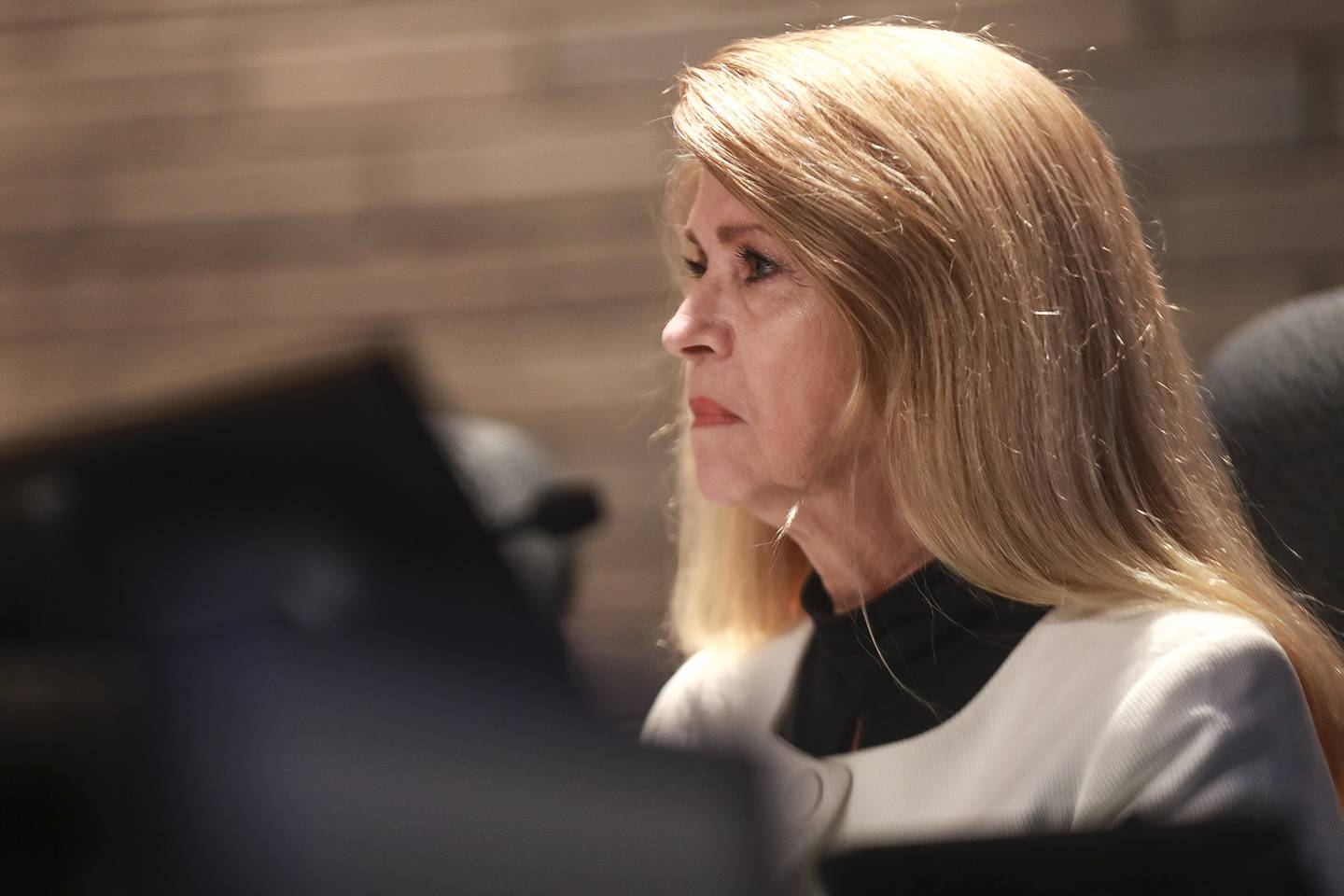 Joliet City Council member Jan Quillman listens to council discussion on Tuesday, May 18, 2021, at Joliet City Hall in Joliet, Ill. The Joliet City Council discussed an amendment to allow for liquor consumption and video gambling at gas stations.