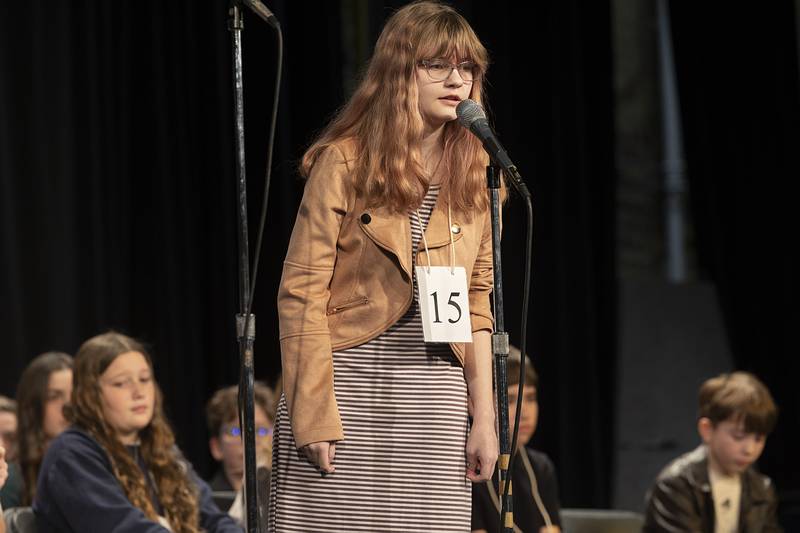Erie 8th grader Kyla Crady competes Thursday, Feb. 21, 2024 at the Lee-Ogle-Whiteside regional spelling bee. Crady missed on the word “feign” in round four.