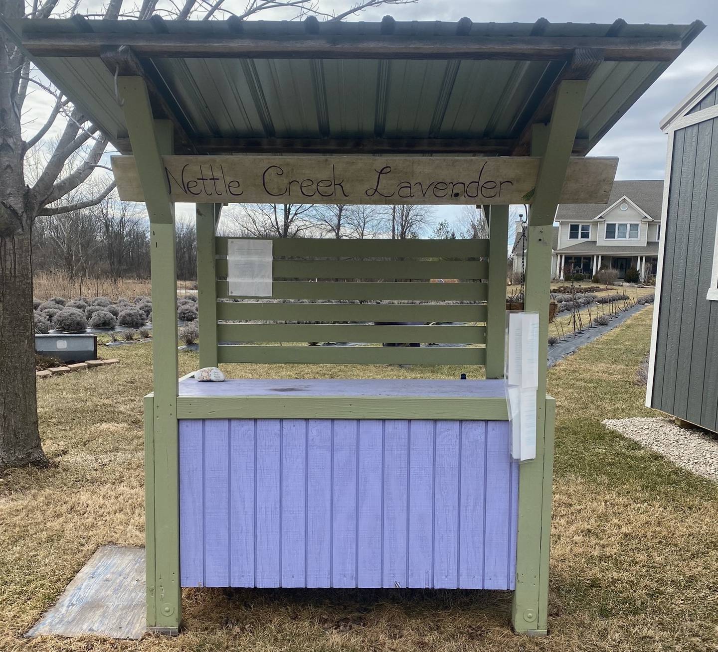 The wooden farm stand located at the front of Nettle Creek Lavender Farm sells a wide variety of products made from flowers and herbs grown on the farm.