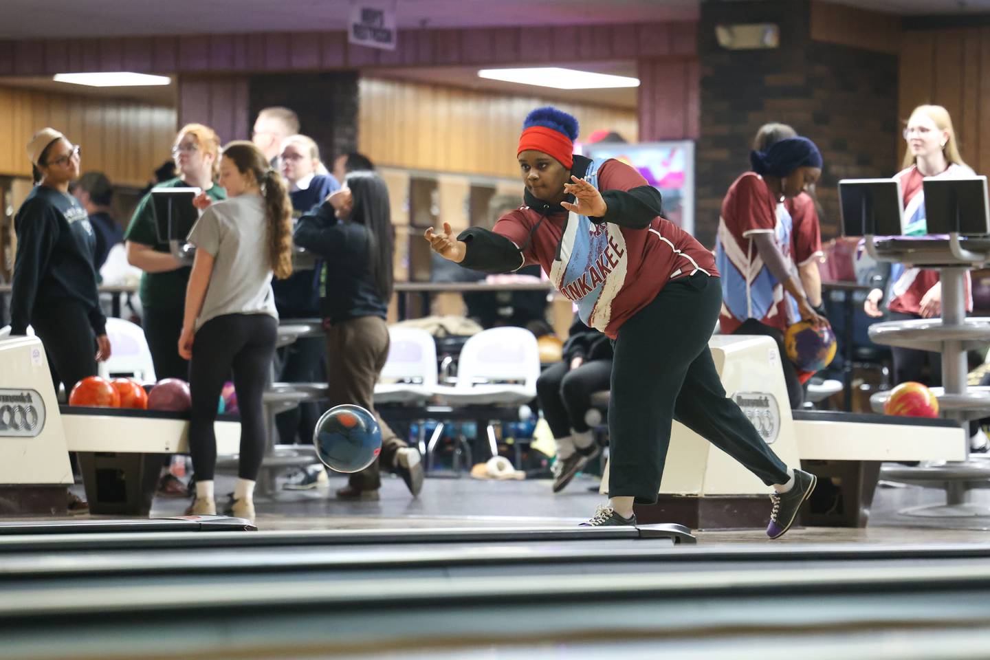 Kankakee's Shatara Johnson releases her throw during the Kays' second place finish behind Bradley-Bourbonnais in the All-Area matchup against Bishop McNamara, Peotone and the Boilermakers on Wednesday, Feb. 4, 2026. Johnson placed second individually with a 533 series.