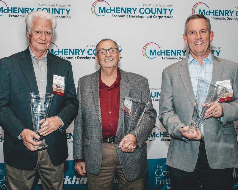 The McHenry County Economic Development Corporation announced its 2021 business champion award winners on Wednesday, Nov.10, 2021. Pictured (from left to right) are award winners Frank Eltveldt, of MAC Automation; Guy Spinelli, of Enviro Sip Straw; and Rob Jessup, of Jessup Manufacturing.