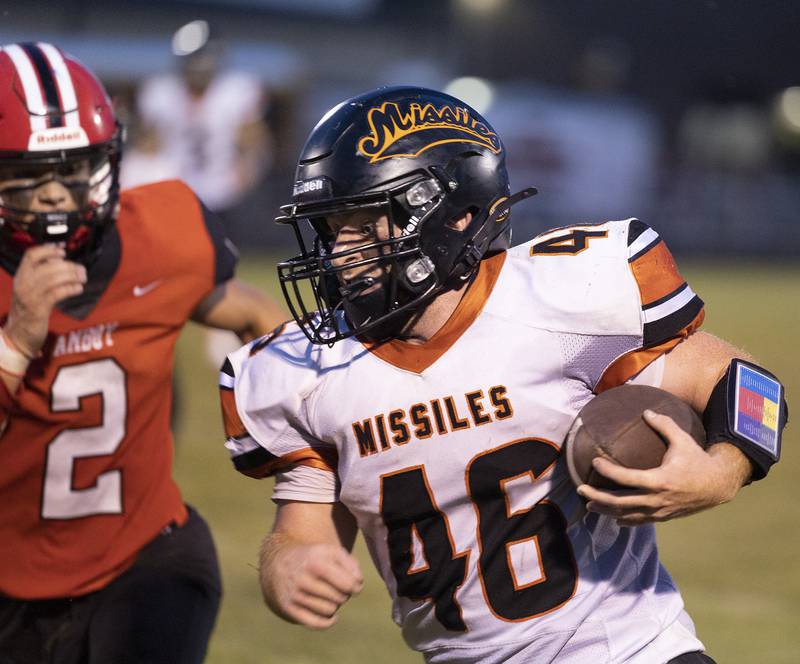 Milledgeville’s Spencer Nye runs the ball against Amboy Friday, August 29, 2025, in Amboy.