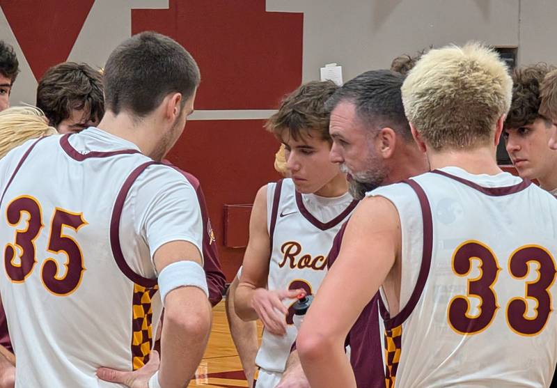 Richmond-Burton boys basketball coach Rich Petska talks to his team during a timeout against Marian Central in the E.C. Nichols Holiday Classic on Saturday, Dec. 20, 2025, at Marengo.