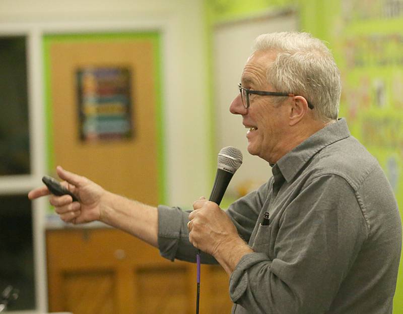 Children's author David Biedrzycki gives an interactive presentation to students on Tuesday, March 21, 2023 at JFK School in Spring Valley.