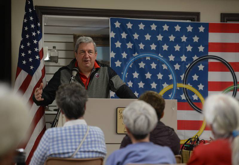 Former Glen Ellyn Speed Skating club member Carl Cepman gets emotional while sharing stories of his experience with the club during the meet and greet event held at the Glen Ellyn History Center Saturday April 30, 2022.  The event included 2022 Olympic bronze winner Ethan Cepuran and 1952-1956 Olympian Chuck Burke.