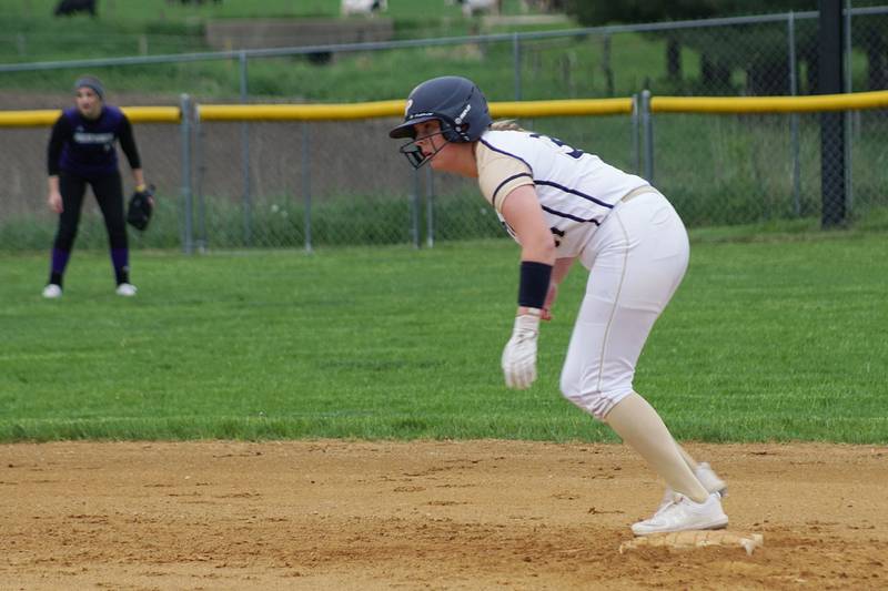 Polo's Natalie Nelson takes her lead off of second base Tuesday, May 17, 2022 against Pecatonica.