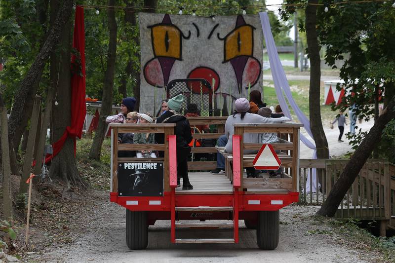 A group head out to the haunted trails at the Hayride of Horrors on Monday, Oct. 14, 2024 at Dellwood Park in Lockport.