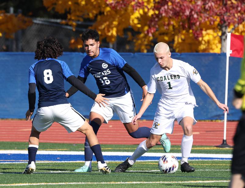 Coal City's Dylan Fatlan tries to work around two Chicago Academy defenders Friday, Nov. 7, 2025, during their Class 1A state third place game at Hoffman Estates High School.