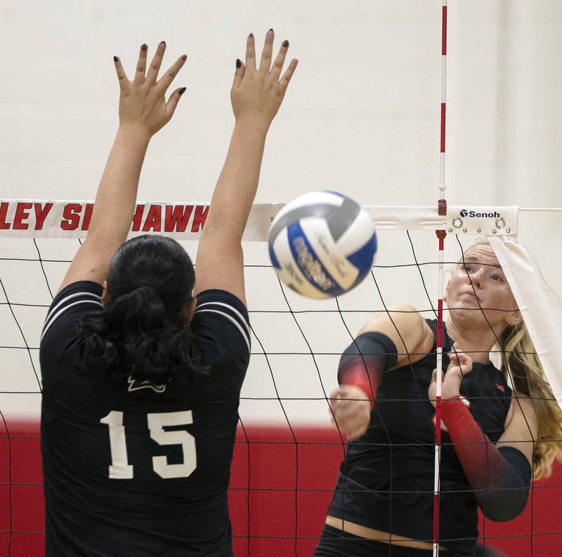 Sauk Valley’s Jess Johns hammers a shot against Kishwaukee Wednesday, Oct. 29, 2025.