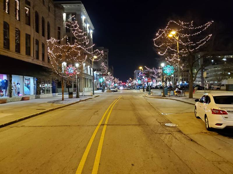 Downtown Joliet at night before the holidays is filled with a quiet, peaceful holiday spirit, if you know where to look.