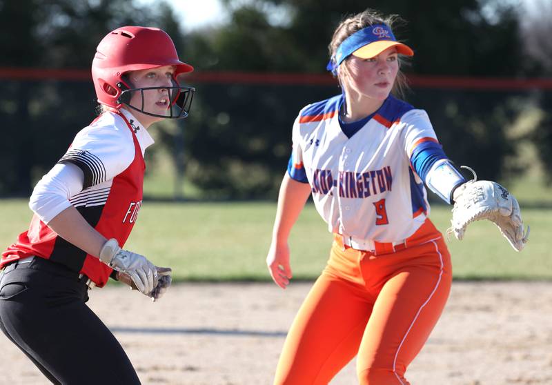 Forreston’s Caroline Bawinkel gets her lead as the pitch is delivered while Genoa-Kingson's Olivia Vasak keeps her close during their game Friday, March 15, 2024, at Genoa-Kingston High School.