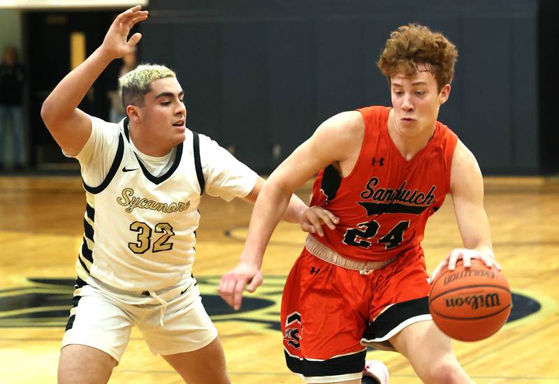Sandwich's Dom Rome tries to get by Sycamore's Diego Garcia during their game Friday, Nov. 24, 2023, in the Leland G. Strombom Holiday Tournament at Sycamore High School.
