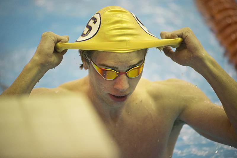 Sterling's Skylar Drolema finishes his heat in the 50 yard freestyle race Tuesday, Jan. 18, 2022 in Byron.