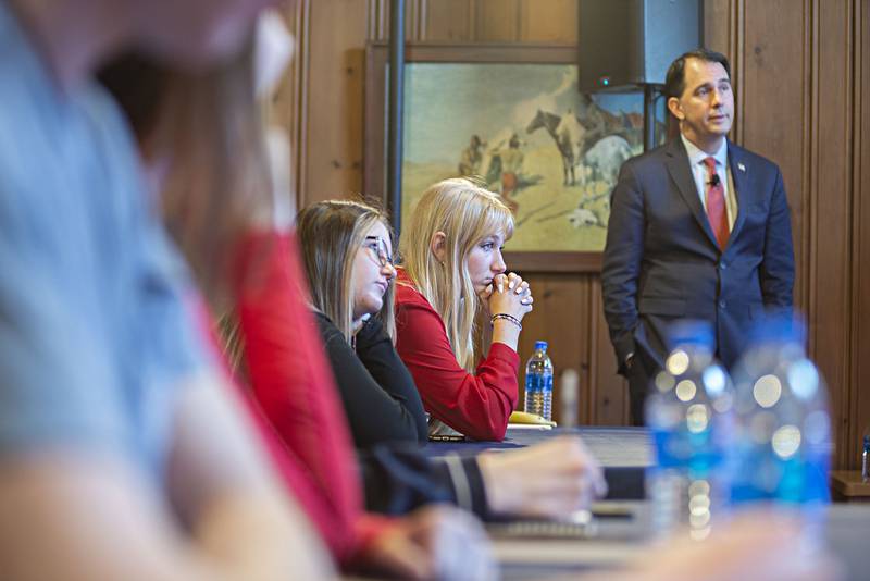 Young America’s Foundation supporters listen as Gov. Scott Walker is introduced for a speaking session Thursday, May 5, 2022 in Dixon.