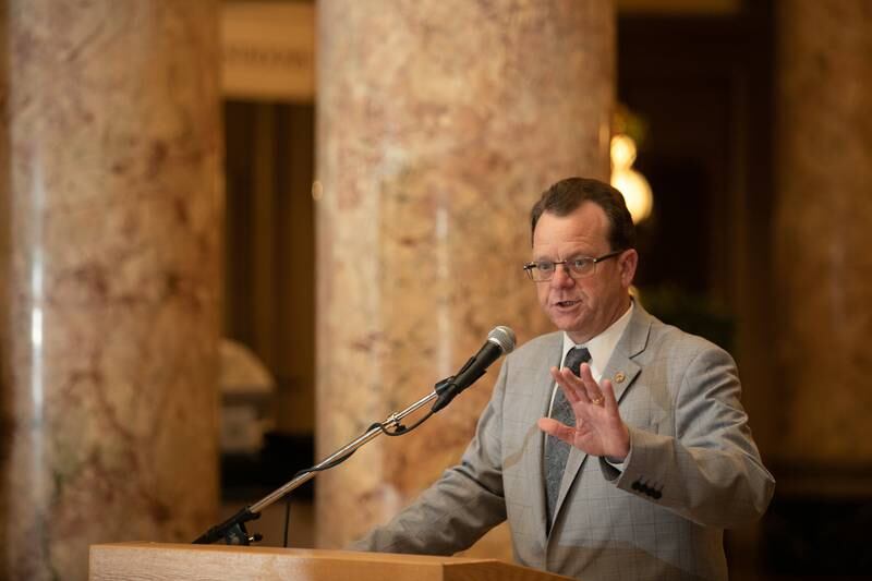 State Rep. Larry Walsh Jr. speaks at a press conference to announce the Rialto Square Theater will be getting a five-million dollar grant, March 18, 2022.