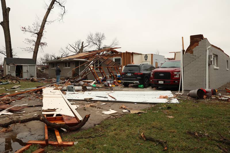 Damage is seen along Elmwood Drive in Aroma Park  on March 11, 2026 following a March 10 tornado that passed through Kankakee County.