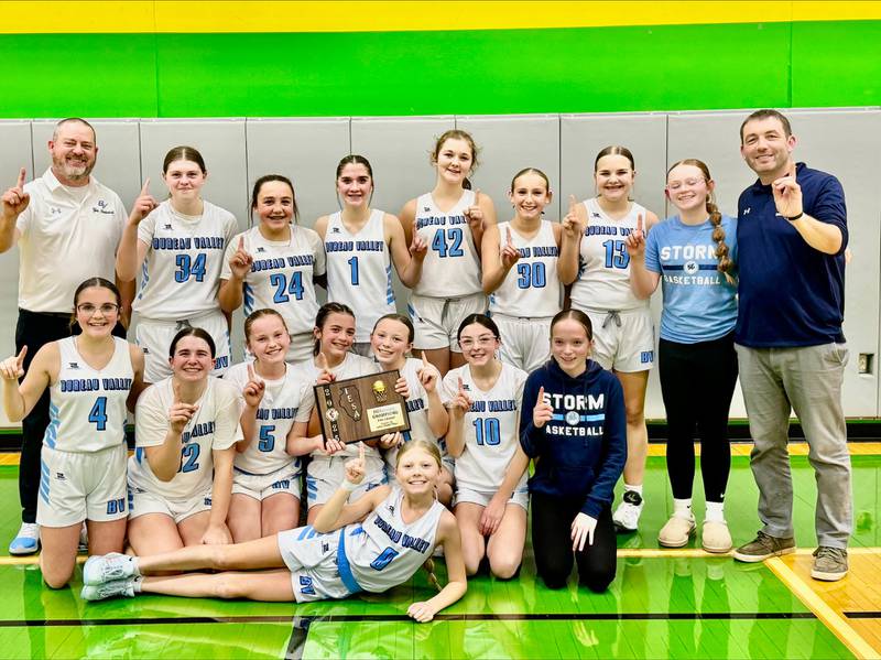 The Bureau Valley Storm held Roanoke-Benson scoreless after the first quarter for a 33-6 win to capture the 2A Spring Valley 7th grade regional championship on Tuesday. The Storm (22-1) will play Seneca (17-1) for the Fieldcrest Sectional championship at 6 p.m. on Wednesday, Dec. 3 in Wenona. Team members are (front row Aleeyah Foster (laying down) Cali Pistole, Tinley Yepsen, Stevie Davis, Kinley Gruber, Kaylee Jamison, Shea Wunder and manager Khloe Cady; and (back row) 7th grade coach Ryan Rosenthal, Ava Ferris, Mya Waites, Daelyn Benavidez, Kaurie Facemire, Sophia Thurston, Kenzlie Wright, Manager Blake Maynard and 8th grade coach Brent Jamison.