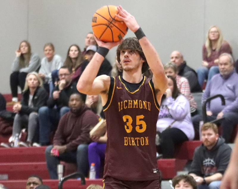 Richmond-Burton’s Matthew Rupnik drains an outside shot against Stillman Valley during 74th Annual E.C. Nichols Holiday Classic varsity boys basketball tournament action on Saturday, Dec. 28, 2024 at Marengo High School in Marengo.
