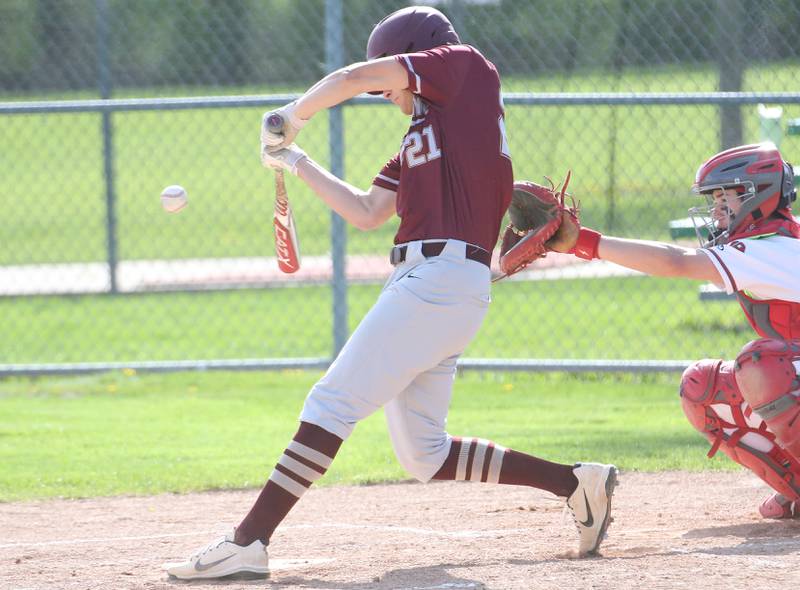 Morris's Ximi Baftiri makes contact on a pitch against L-P on Friday, April 21, 2023 at Dickinson Field in Oglesby.
