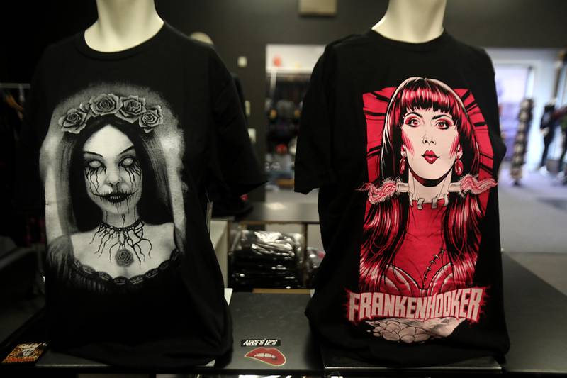 Items for sale in the Hideous Heart on Friday, Aug. 1, 2025, on Elm Street in McHenry. The shop that sells alternative clothing and accessories, opened in March 2024 and recently moved to a new larger location, nearly quadrupling its floor space.