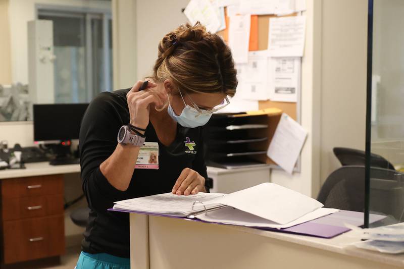 Unit Clerk Wendy Jay checks charts at the new NICU at Silver Cross Hospital in New Lenox. Tuesday, July 26, 2022 in New Lenox.