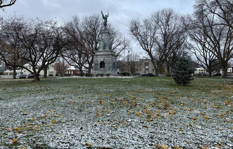 A light dusting of snow blankets the front lawn near the Soldiers and Sailors Memorial on Thursday, Nov. 21, 2024 at Soldiers and Saliors Park in Princeton.