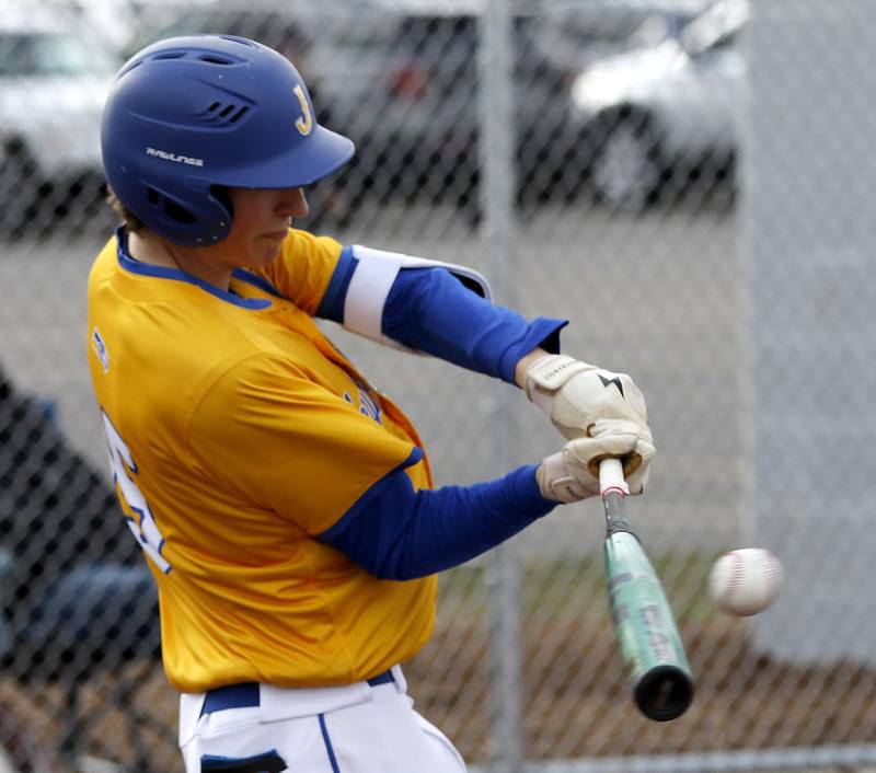 Johnsburg's Ahston Stern hits the ball during a Kishwaukee River Conference baseball game against Marengo on Monday, April 21, 2025, at Johnsburg High School.