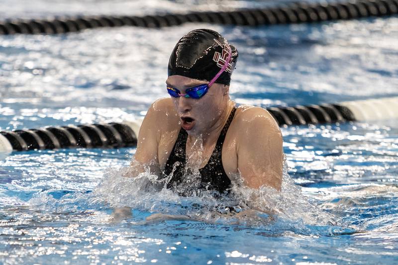 Lockport’s Bella Barrett competes in the 100 Yard Breaststroke during the IHSA Girls State Swimming Preliminaries at FMC Natatorium in Westmont on Nov. 14, 2025.