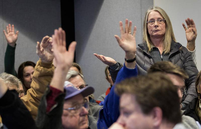 Teresa Phillips of South Grove stands and asks for a show of hands from people who object to a proposal by EDF Renewable Energy to build two meteorological evaluation towers in South Grove Township during a public meeting Thursday at the DeKalb County Administrative Building in Sycamore.