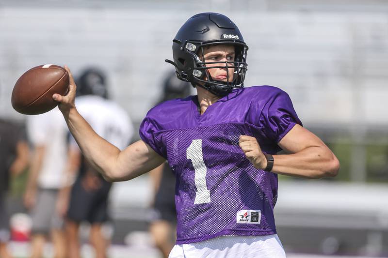 Owen Lansu goes passes at Downers Grove North High School football practice, Thursday, Aug 14, 2025  in Downers Grove.