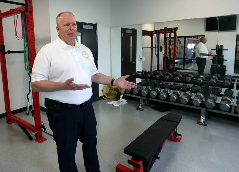 DeKalb Fire Chief Mike Thomas talks about the weight room Tuesday, April 29, 2025, at the newly opened DeKalb Fire Station No. 4 on South Malta Road near the Schnucks shopping center.