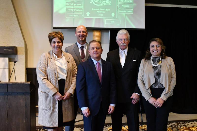 Romeoville mayor John Noak (front) delivered the State of the Village Address on Tuesday, May 2, 2023