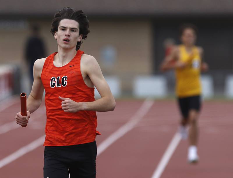 Crystal Lake Central’s Jackson Hopkins cruises to the finish line as he runs the last leg of the 4 x 800 meter relay during the Huntley IHSA Class 3A Boys Sectional Track and Field Meet on Thursday, May 22, 2025, at Huntley High School.
