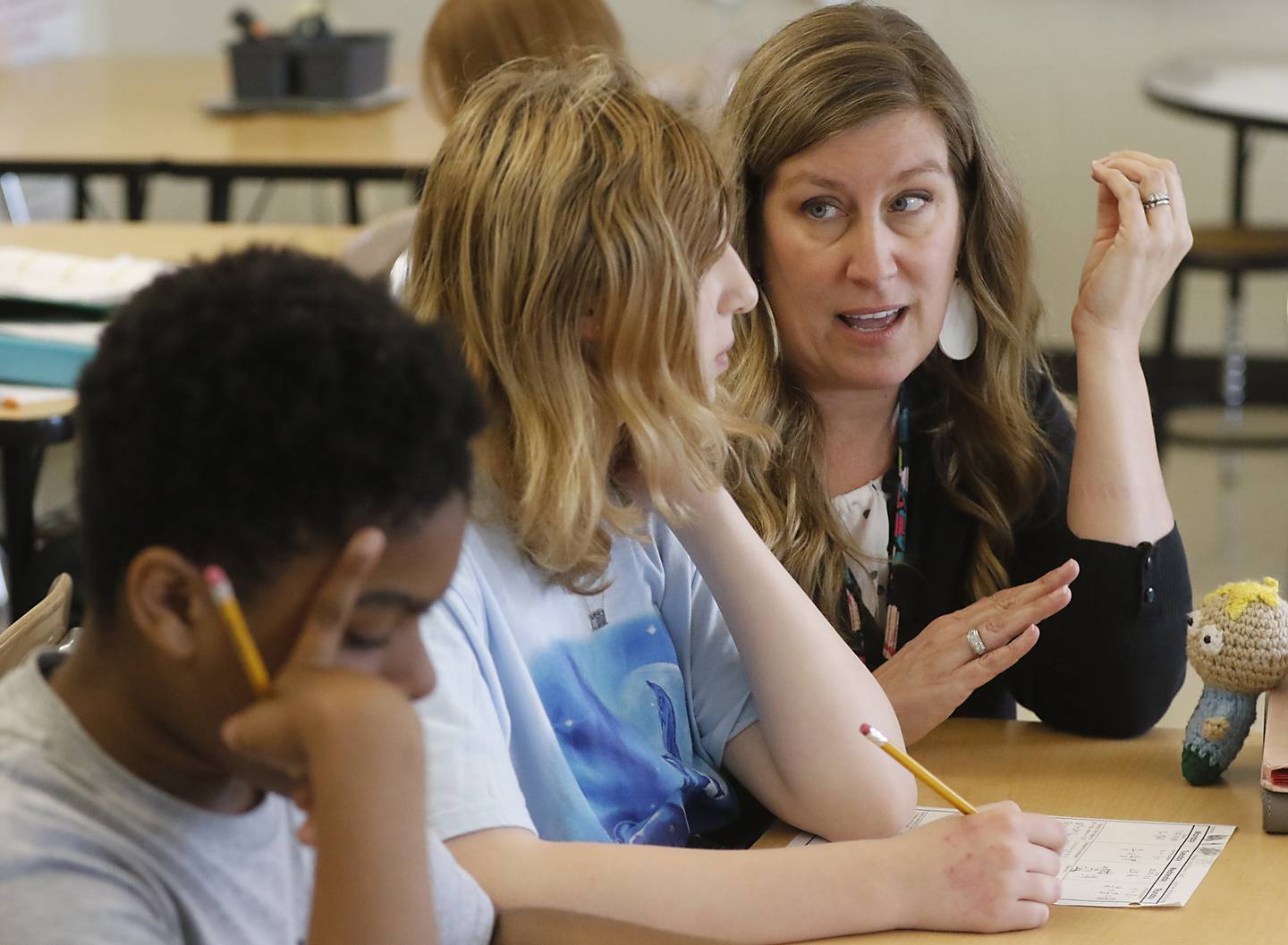 Shanon Laidig teaches a sixth-grade math class Thursday, April 23, 2023, at Creekside Middle School in Woodstock.