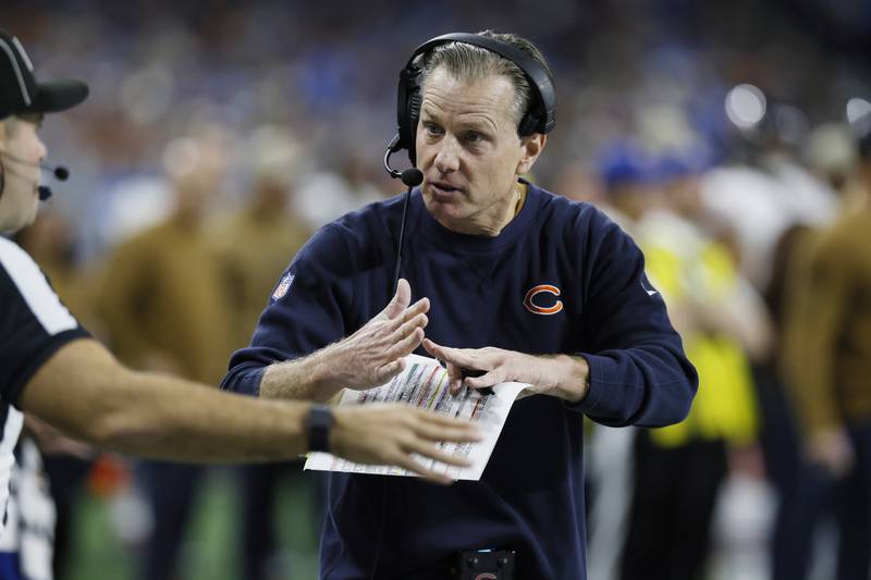Chicago Bears head coach Matt Eberflus calls a timeout during the first half against the Detroit Lions, Sunday, Nov. 19, 2023, in Detroit.