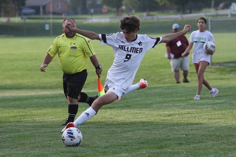 Joliet Catholic’s Jackson Kodiak takes a shot against Providence on Aug. 21, 2023 in New Lenox.