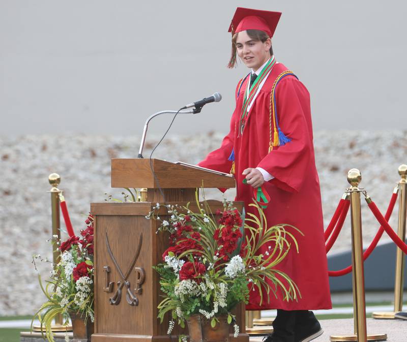 La Salle-Peru Township High School Valedictorian Bo Weitl gives a speech during the L-P Class of 2026 commencement ceremony on Thursday, May 14, 2026 at Howard Fellows Stadium.