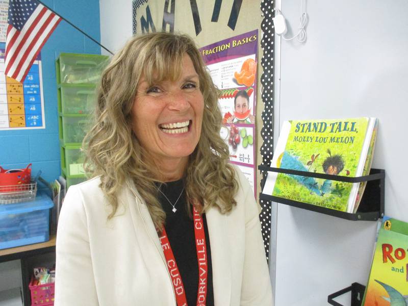 Yorkville Intermediate School fourth-grade teacher Heather Miragliotta's classroom features a colorful array of books, posters and charts with lessons for students.